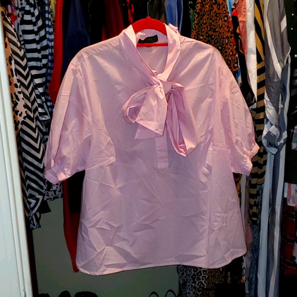 Eloquii Pink and White Striped Pussybow top
